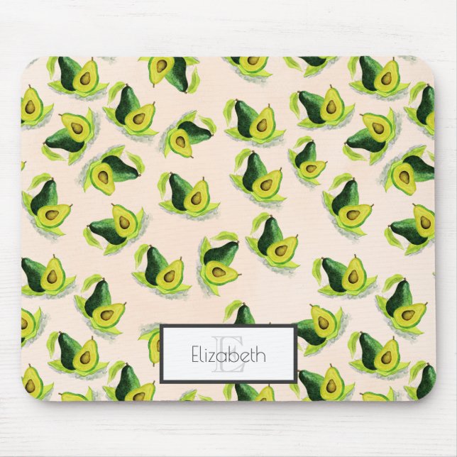 Green Avocados Watercolor Pattern with Monogram Mouse Pad (Front)