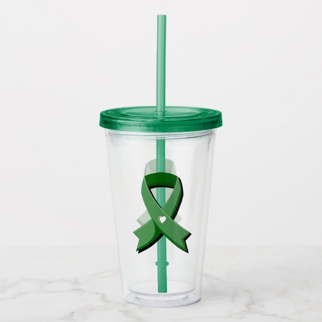 Green Awareness Ribbon White Heart Acrylic Tumbler (Front)
