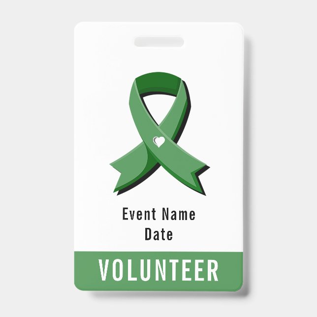 Green Awareness Ribbon White Heart Event ID Badge (Front)