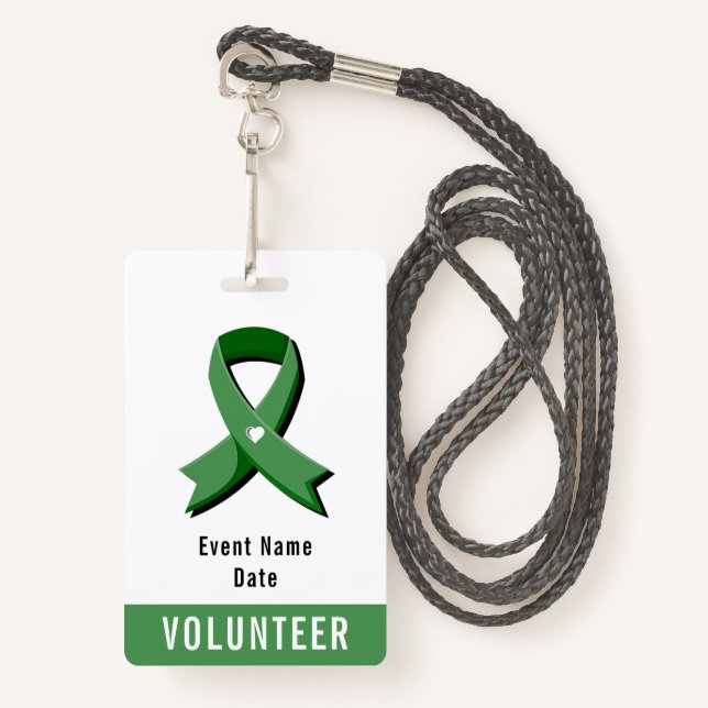 Green Awareness Ribbon White Heart Event ID Badge (Front with Lanyard)