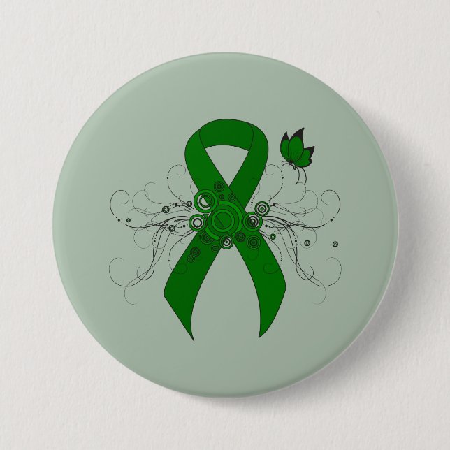 Green Awareness Ribbon with Butterfly 7.5 Cm Round Badge (Front)