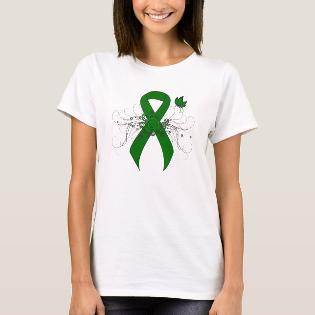 Green Awareness Ribbon with Butterfly T-Shirt (Front)