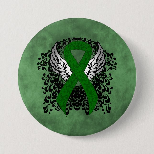 Green Awareness Ribbon with Wings 7.5 Cm Round Badge (Front)