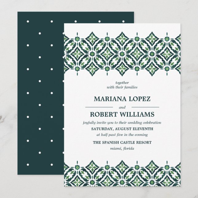 Green Azulejo | Spanish Tile Border lace Wedding Invitation (Front/Back)