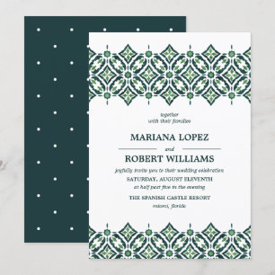Green Azulejo Spanish Tile Border lace Wedding Invitation