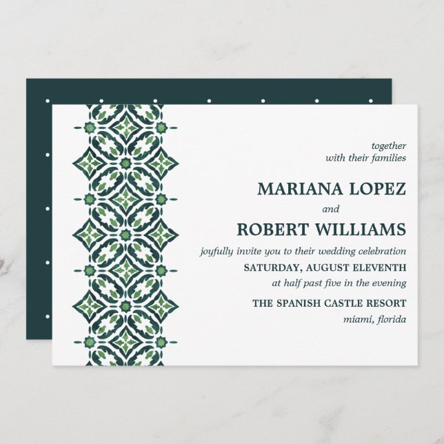 Green Azulejo | Spanish Tile Border Wedding Invitation (Front/Back)