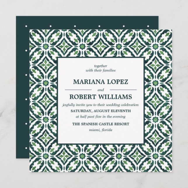 Green Azulejo | Spanish Tile Pattern Wedding Invitation (Front/Back)