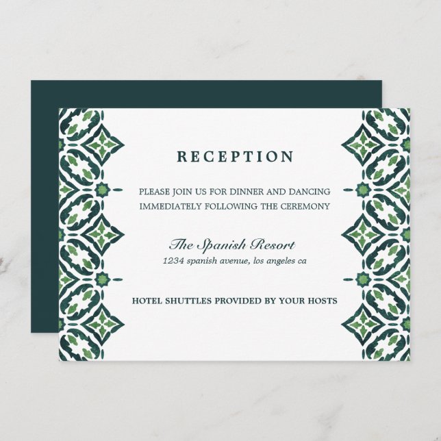 Green Azulejo | Spanish Tile wedding Reception Invitation (Front/Back)