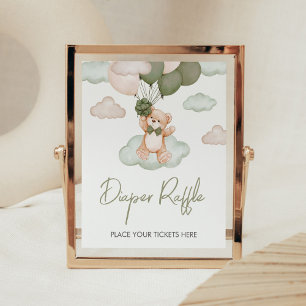 Green Baby Bear Balloon Baby Shower Diaper Raffle Poster