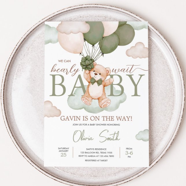 Green Baby Bear Balloon Baby Shower Invitation (Green Bearly Wait Baby Bear Balloon Baby Shower Invitation
)