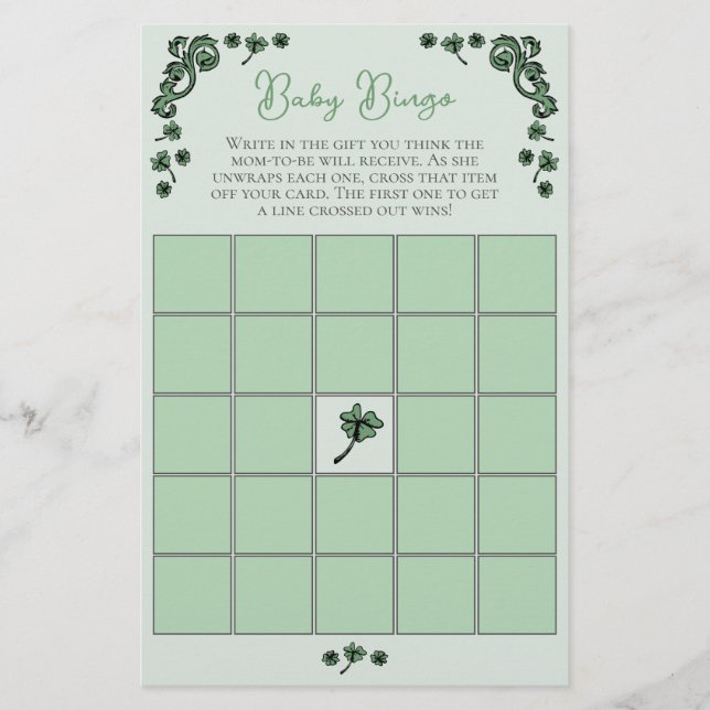 Green Baby Bingo Game St Patrick's Day Baby Shower (Front)