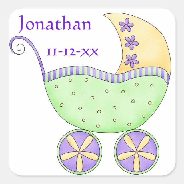 Green Baby Buggy Name Birth Date Announcement Square Sticker (Front)