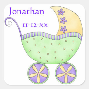 Green Baby Buggy Name Birth Date Announcement Square Sticker