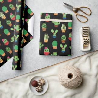 Green Baby Cactus on Black Background  Wrapping Paper