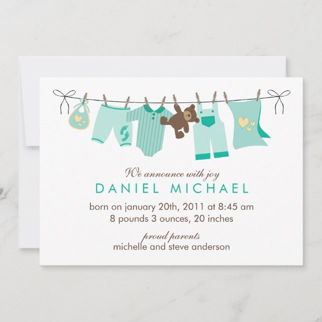 Green Baby Clothesline New Baby Announcement (Front)