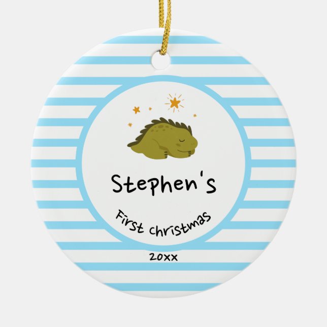 Green Baby Dino | First Christmas Baby Blue Stripe Ceramic Ornament (Front)