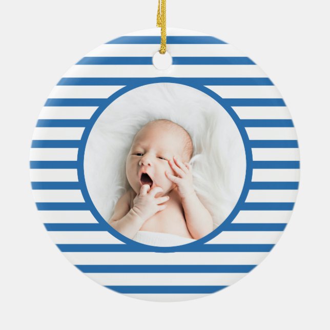 Green Baby Dino | First Christmas Blue Stripe Chic Ceramic Ornament (Back)