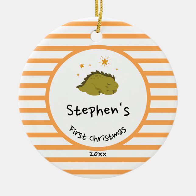 Green Baby Dino | First Christmas Orange Stripe Ceramic Ornament (Front)
