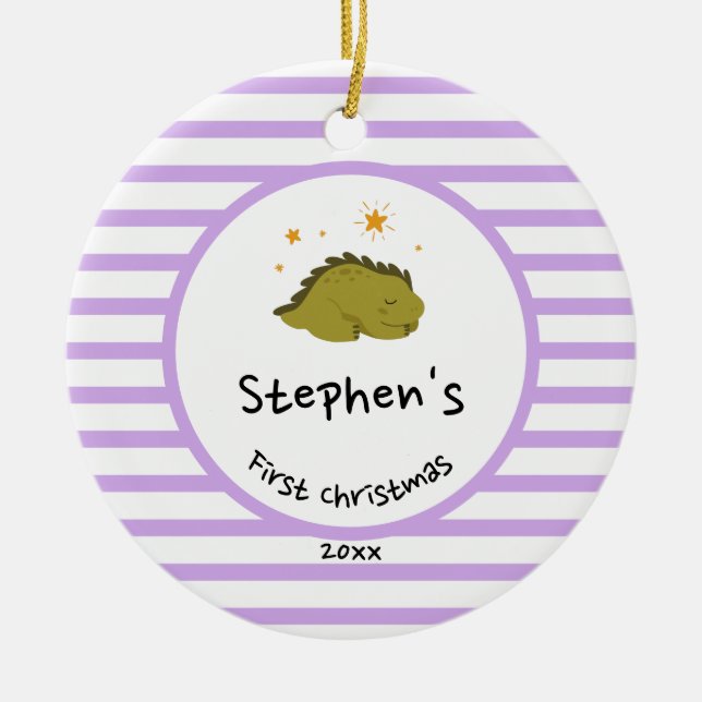Green Baby Dino | First Christmas Purple Stripe Ceramic Ornament (Front)