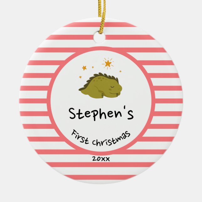 Green Baby Dino | First Christmas Red Stripe Chic Ceramic Ornament (Front)