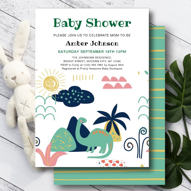 Green Baby Dinosaur Minimalist Cute Baby Shower Invitation (Creator Uploaded)