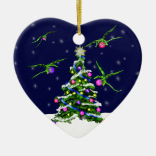 Green Baby Dragons Encircle a Christmas Tree Ceramic Ornament