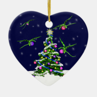 Green Baby Dragons Encircle a Christmas Tree Ceramic Ornament