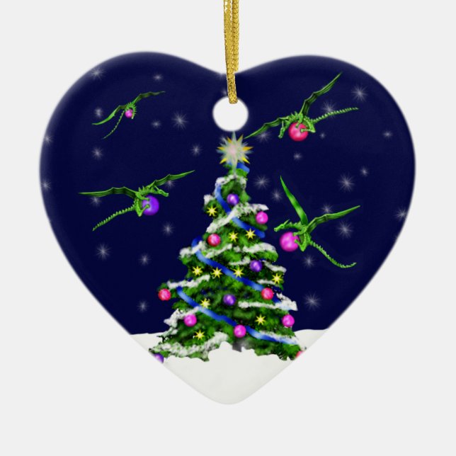 Green Baby Dragons Encircle a Christmas Tree Ceramic Ornament (Front)