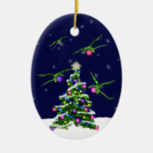 Green Baby Dragons Encircle a Christmas Tree Ceramic Ornament