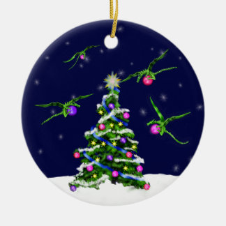 Green Baby Dragons Encircle a Christmas Tree Ceramic Tree Decoration
