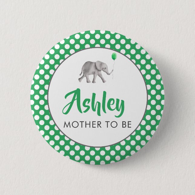 Green Baby Elephant Baby Shower Name Tag Pin (Front)