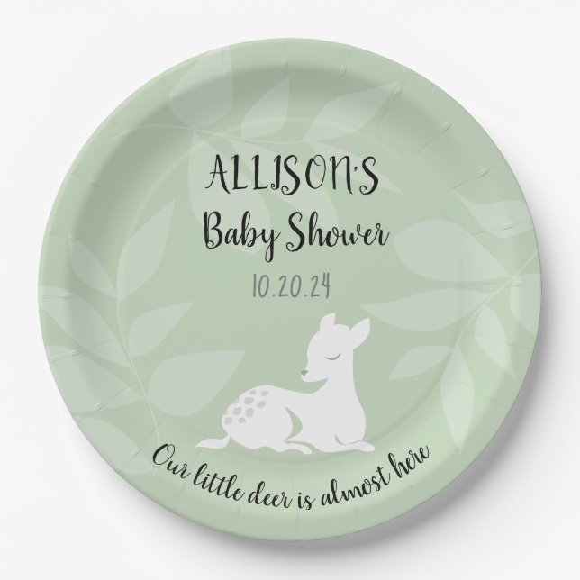 GREEN Baby Garden Deer Dear Baby Shower Invite Paper Plate (Front)