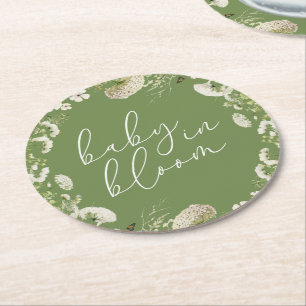 Green Baby In Bloom Floral Wildflower Baby Shower Round Paper Coaster