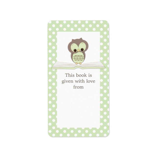 Green Baby Owl on Book Gift Bookplate Label (Front)