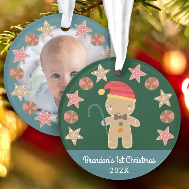 Green Baby Photo First Christmas Gingerbread Boy Ornament (Creator Uploaded)