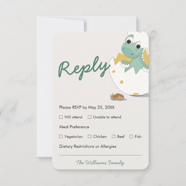 Green Baby Shower Dino Egg Menu Choice RSVP Card (Front)