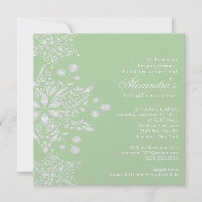 Green Baby Shower Invitation Winter Snowflakes (Front)