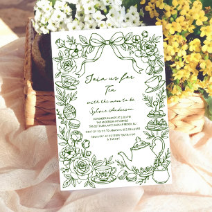 green baby shower tea bow hand drawn invitation