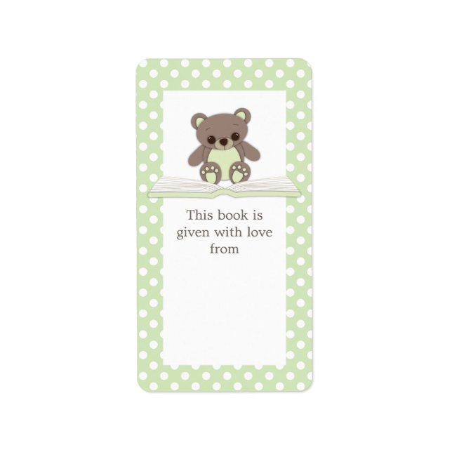 Green Baby Teddy Bear on Book Gift Bookplate Label (Front)