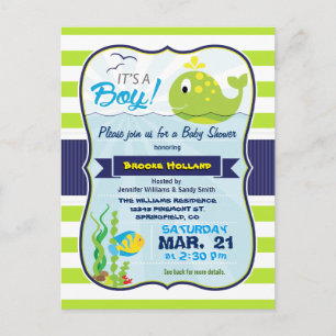 Green Baby Whale, Boy Baby Shower Invitation Postcard