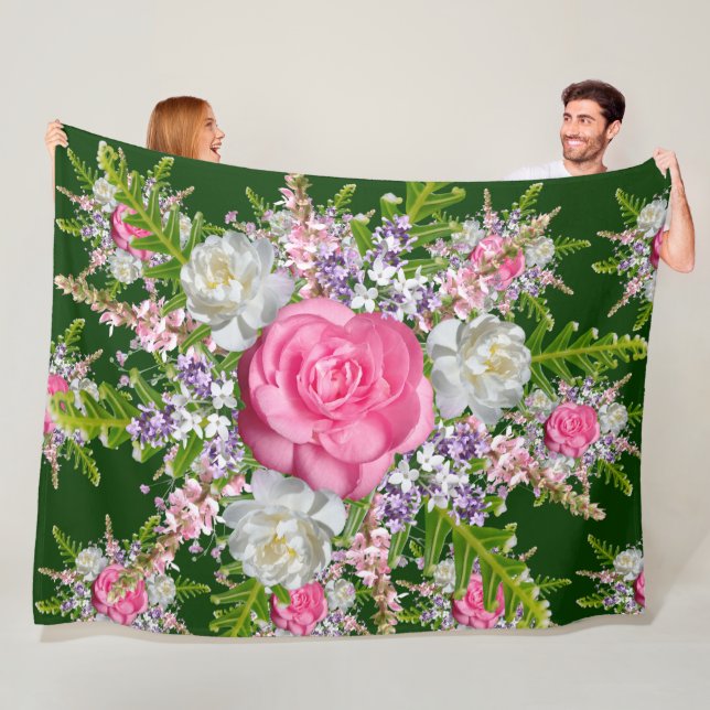 Green background Bouquet of Flowers Purple Pink Fleece Blanket (In Situ)