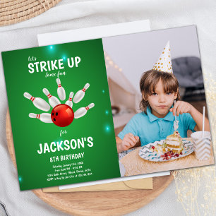 Green Background Bowling Birthday Invitations phot