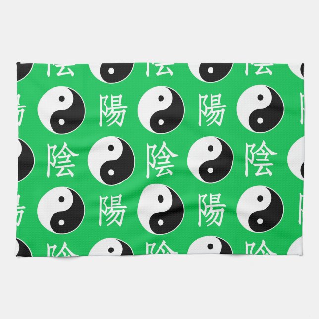 Green Background Chinese Yinyang Pattern Tea Towel (Horizontal)