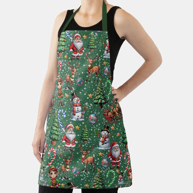 Green Background Christmas Decorative Pattern Apron (Creator Uploaded)