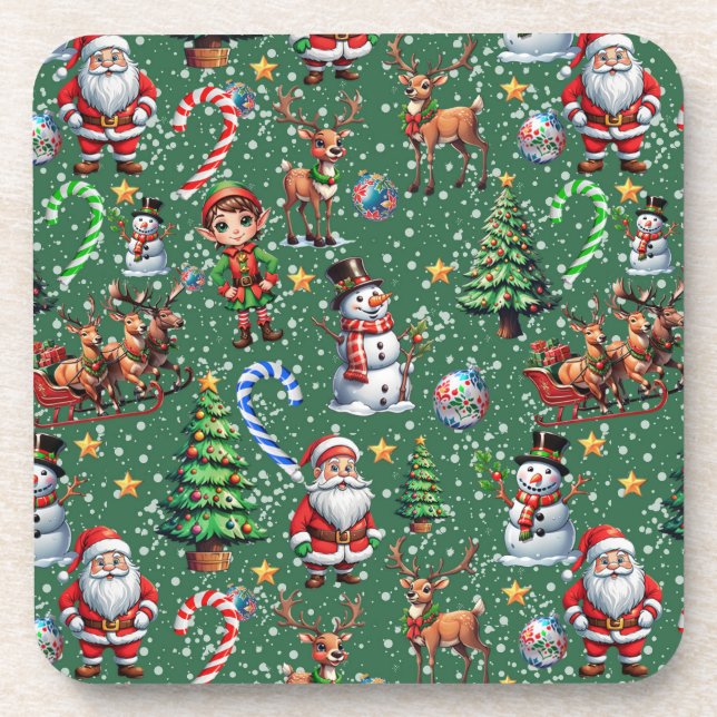 Green Background Christmas Decorative Pattern Coaster (Front)