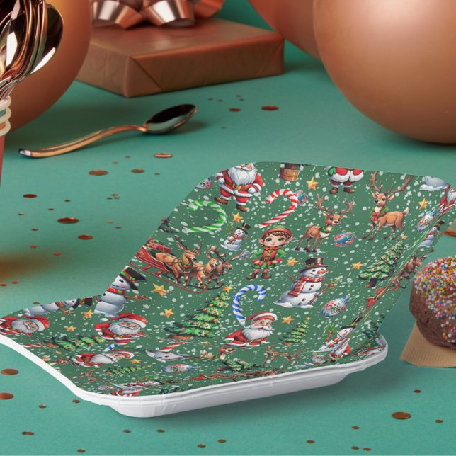 Green Background Christmas Decorative Pattern Paper Plate (Creator Uploaded)