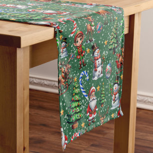 Green Background Christmas Decorative Pattern Short Table Runner
