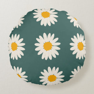 Green background floral daisy pattern round cushion