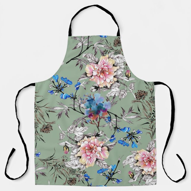 Green Background Floral Watercolor Pattern. Apron (Front)