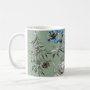 Green Background Floral Watercolor Pattern. Coffee Mug